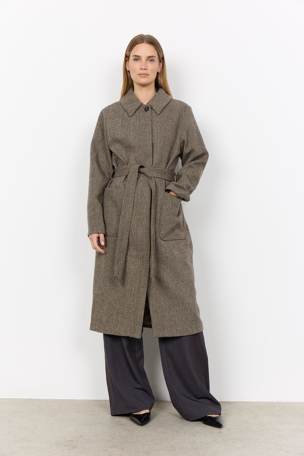 Soyaconcept Hannemai Herringbone Wool Blend Belted Coat