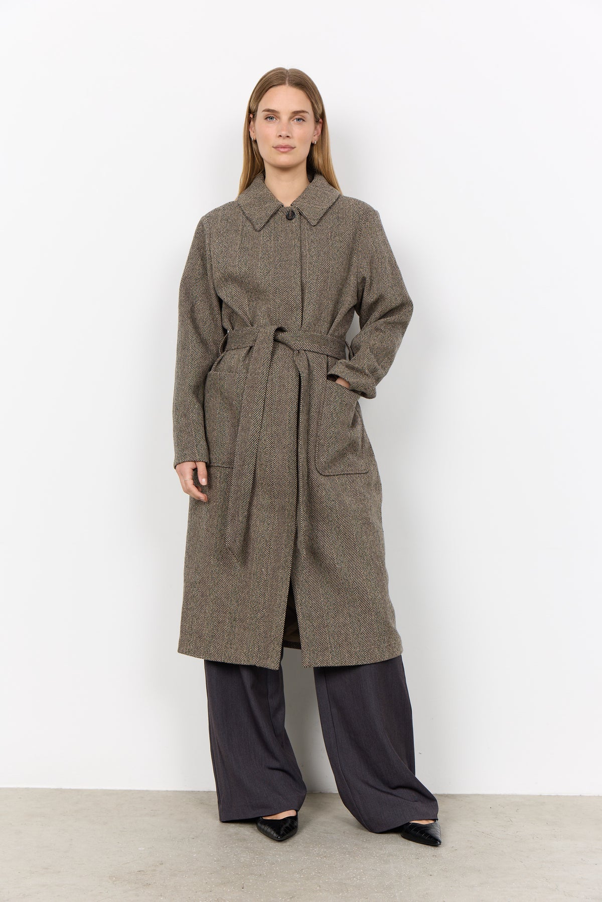 Soyaconcept Hannemai Herringbone Wool Blend Belted Coat