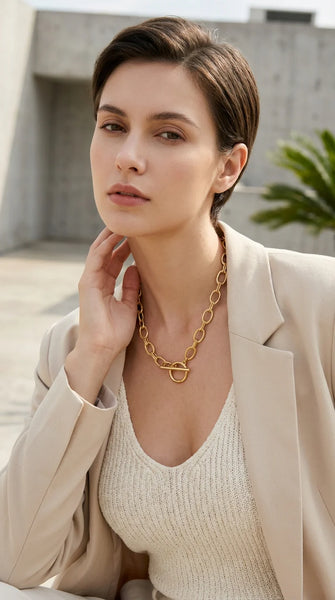 Envy Large T-Bar Textured Link Necklace - Gold