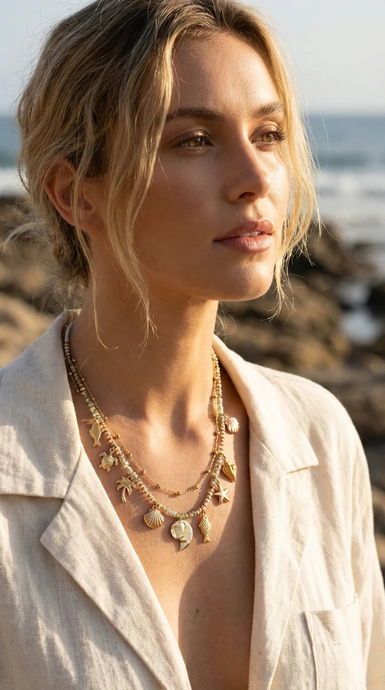 Envy Sea Charm Bead and Chain Layered Necklace