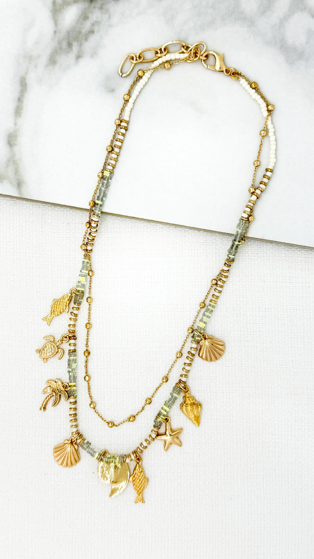 Envy Sea Charm Bead and Chain Layered Necklace