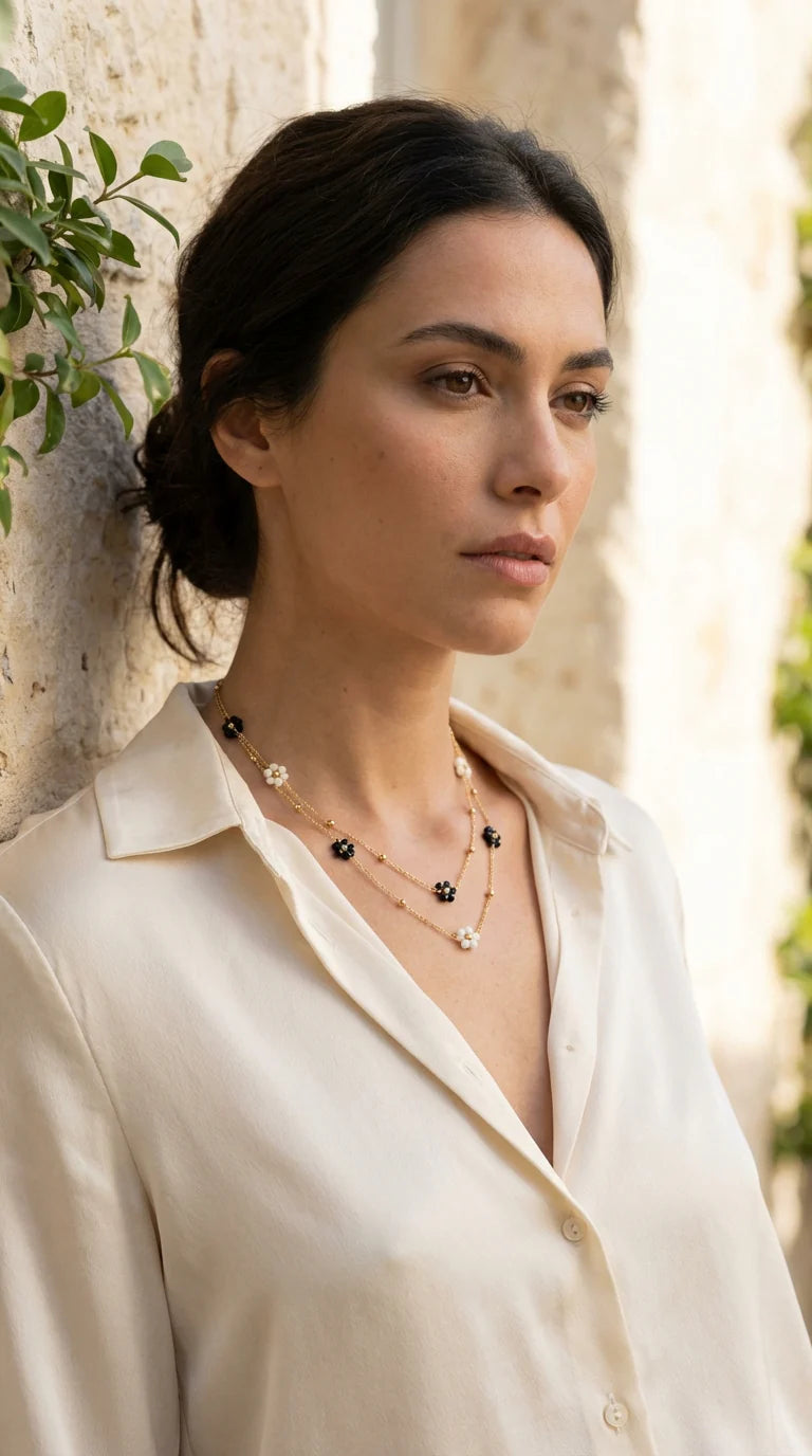 Envy Layered Flower and Bead Necklace - Black