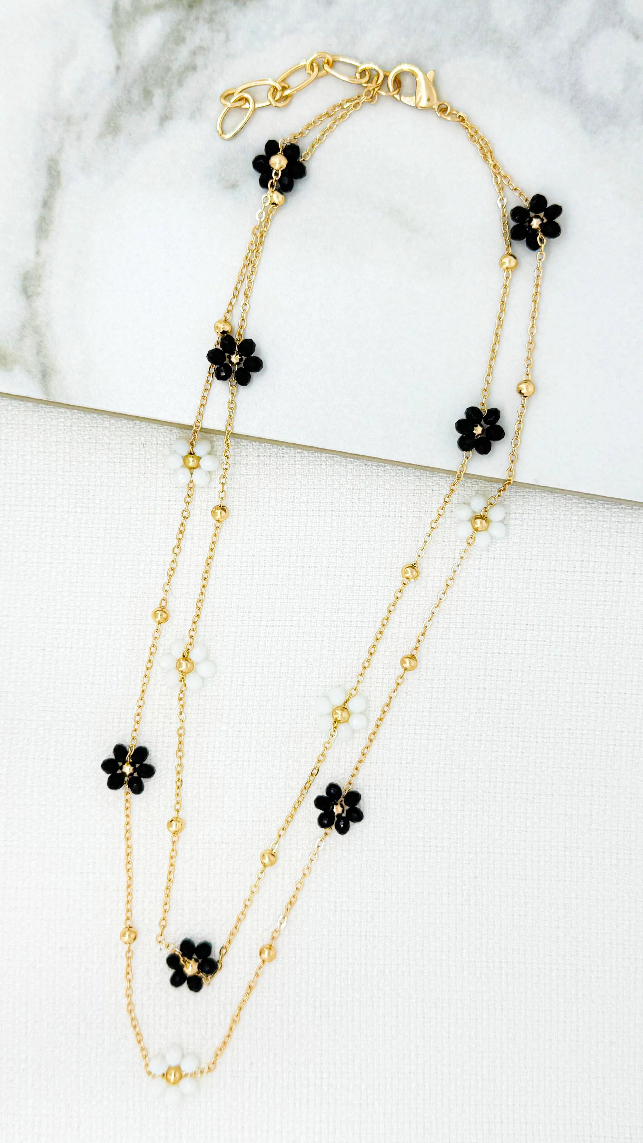 Envy Layered Flower and Bead Necklace - Black
