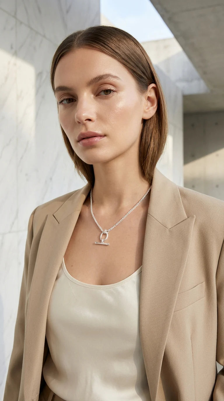 Envy Short Oval Link Drop T-Bar Necklace - Silver