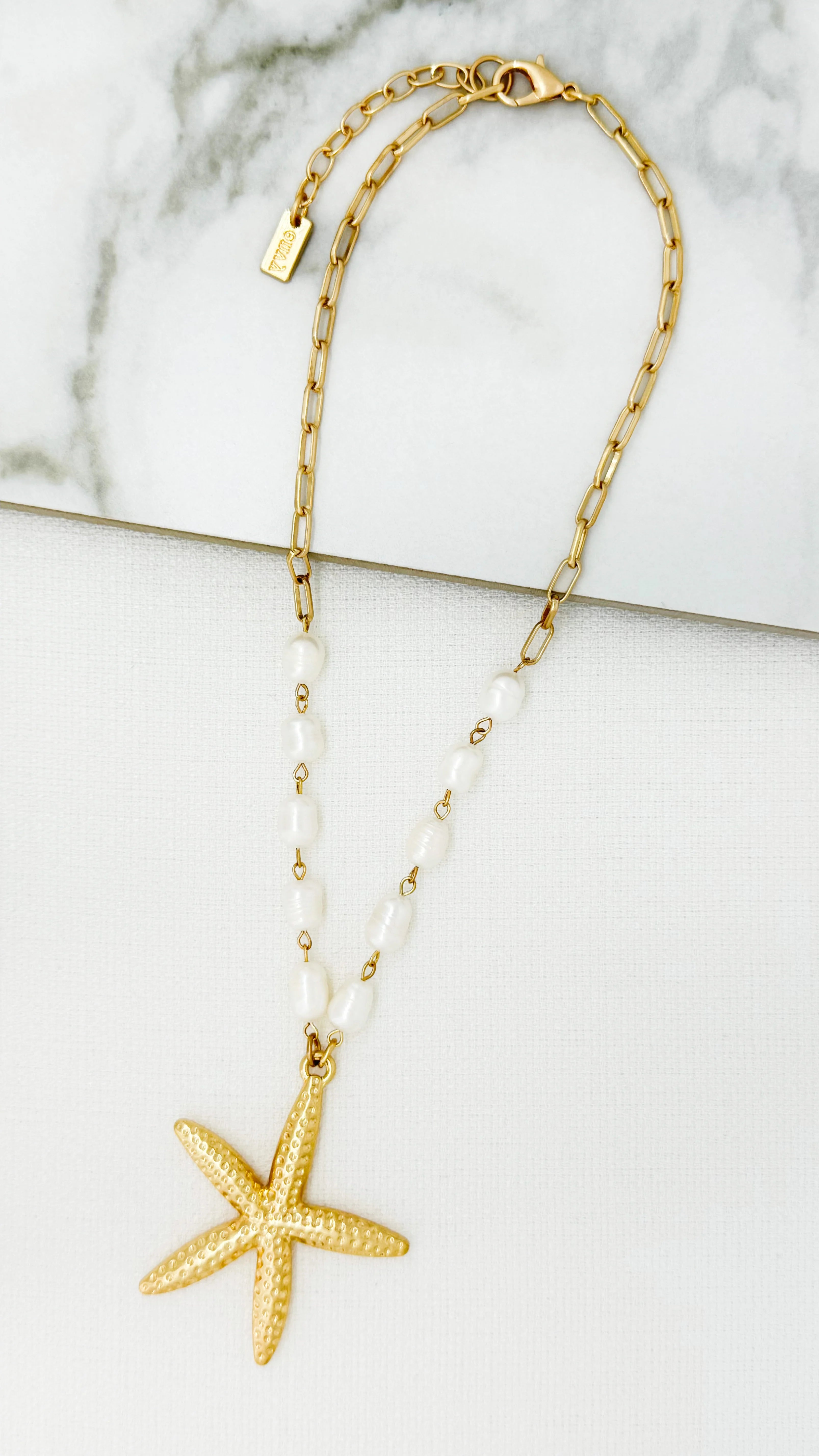 Envy Starfish Charm & Pearl Chain Pendant Necklace