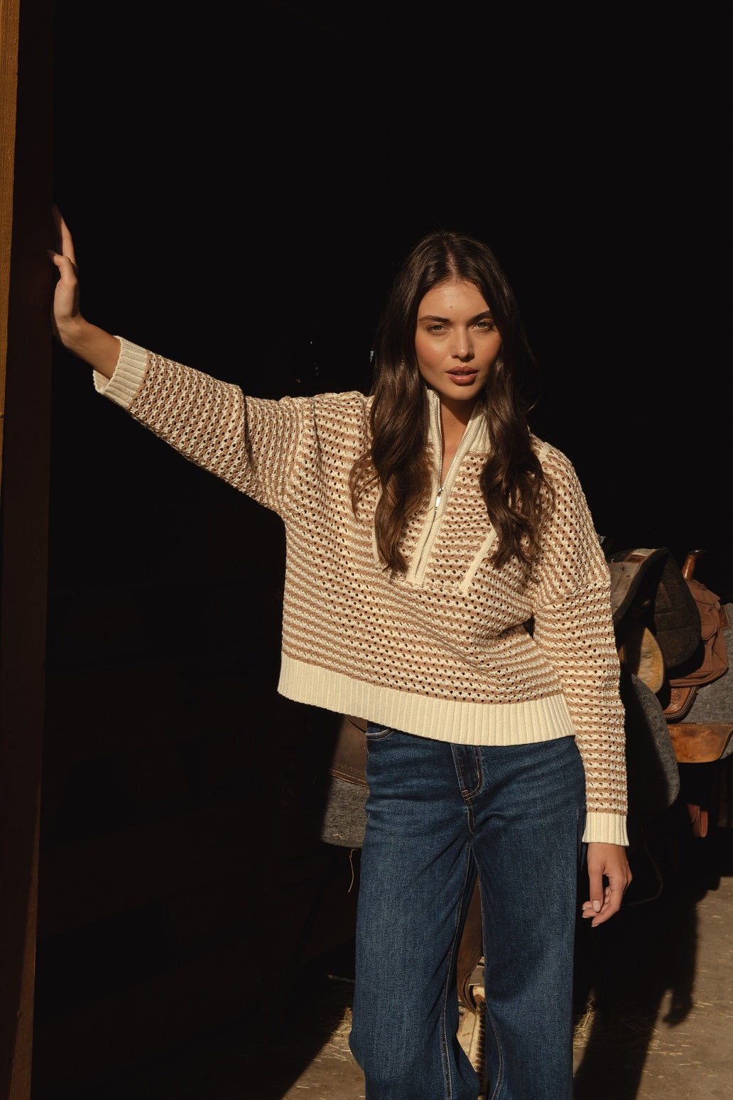 Elan 1/4 Zip Chunky Contrast Stripe Jumper