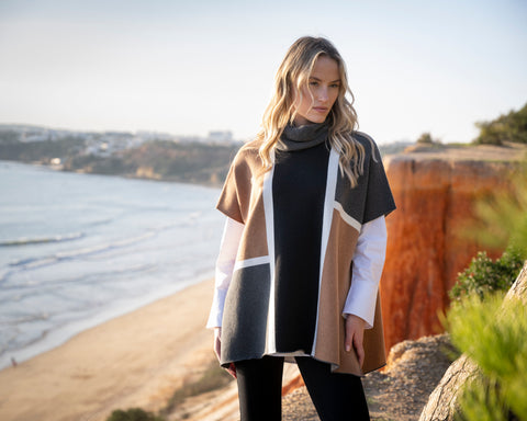 Marble Fashions Colour Block Sleeveless Cape Jumper - Camel