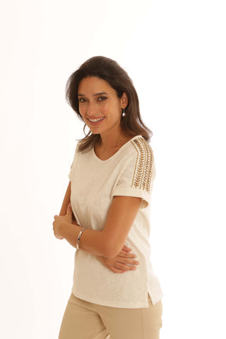 Pomodoro Shoulder Embellished T-Shirt - Cream