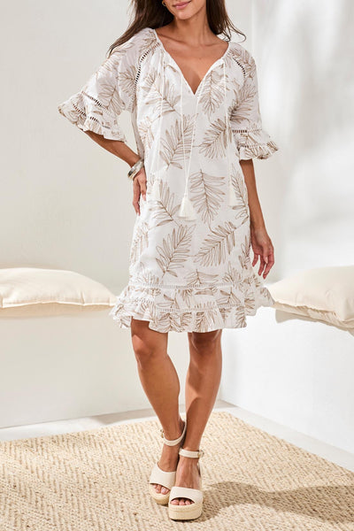 Tribal Luxe Embroidered Ruffle Leaf Print Short Dress