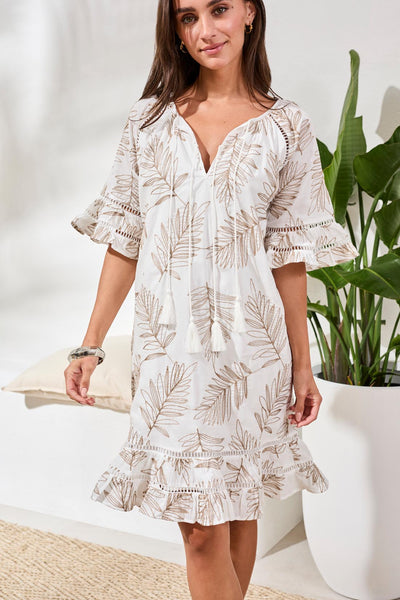 Tribal Luxe Embroidered Ruffle Leaf Print Short Dress