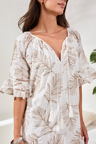 Tribal Luxe Embroidered Ruffle Leaf Print Short Dress