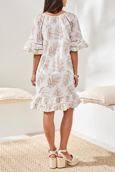 Tribal Luxe Embroidered Ruffle Leaf Print Short Dress
