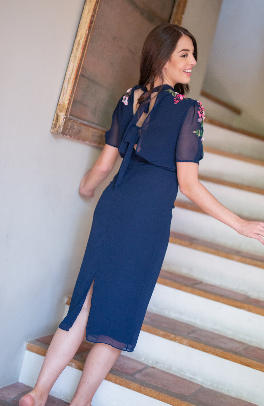 Hope & Ivy The Ciara Embellished Shoulder Midi Dress - Navy
