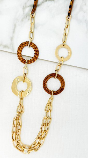 Envy Animal Print and Raffia Gold Disc Necklace
