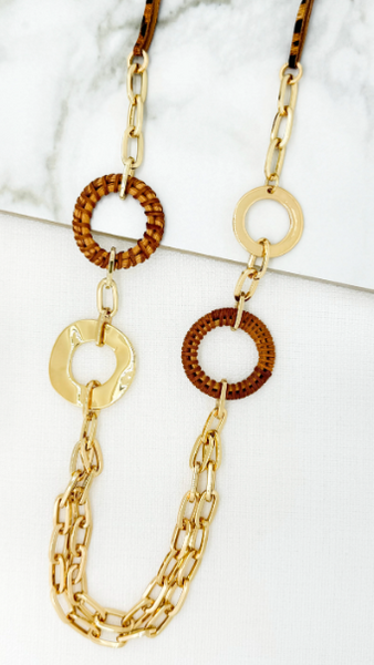 Envy Animal Print and Raffia Gold Disc Necklace