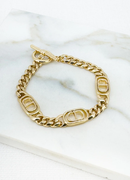 Envy Flat Chain T-Bar Fancy Link Bracelet - Gold