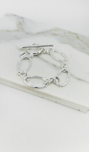 Envy Hammered Oval Chain T-Bar Bracelet - Silver