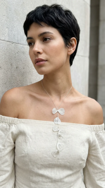 Envy Long Wire Petal Flower Lariat Necklace - Silver