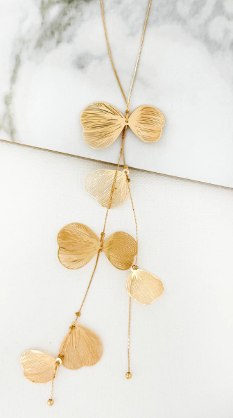 Envy Long Wire Petal Flower Lariat Necklace - Gold