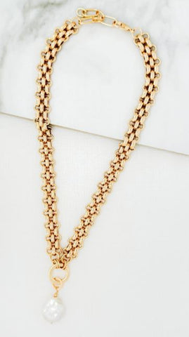Envy Short Heirloom Link Necklace with Pearl Charm - Gold