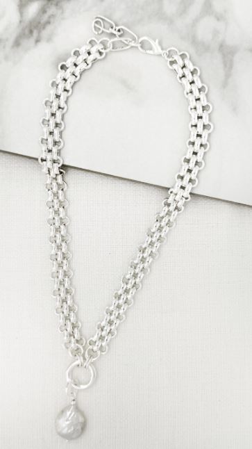 Envy Short Heirloom Link Necklace with Pearl Charm - Silver
