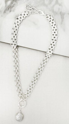 Envy Short Heirloom Link Necklace with Pearl Charm - Silver