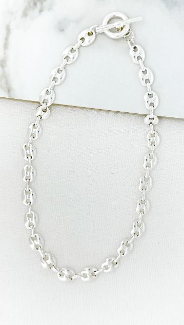 Envy Short Smooth Coffee Bean Link Necklace - Silver
