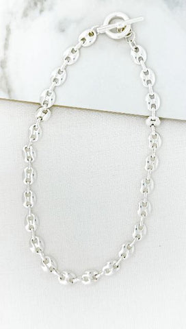 Envy Short Smooth Coffee Bean Link Necklace - Silver