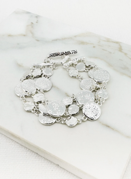 Envy Triple Layered Hammered Disc Bracelet - Silver