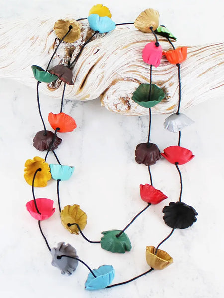 Suzie Blue Long Leather Flower Necklace
