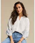 Red Button Embroidered Sleeve V-Neck Cotton Blouse