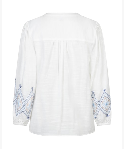 Red Button Embroidered Sleeve V-Neck Cotton Blouse