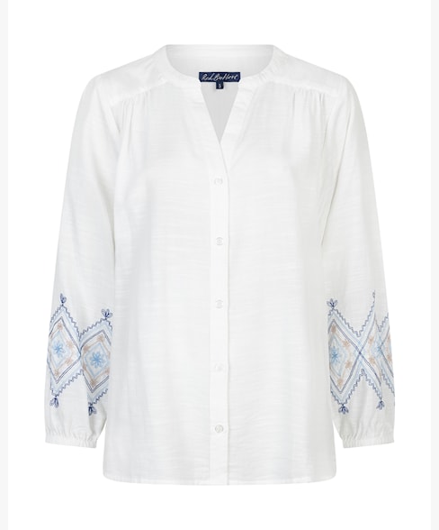 Red Button Embroidered Sleeve V-Neck Cotton Blouse