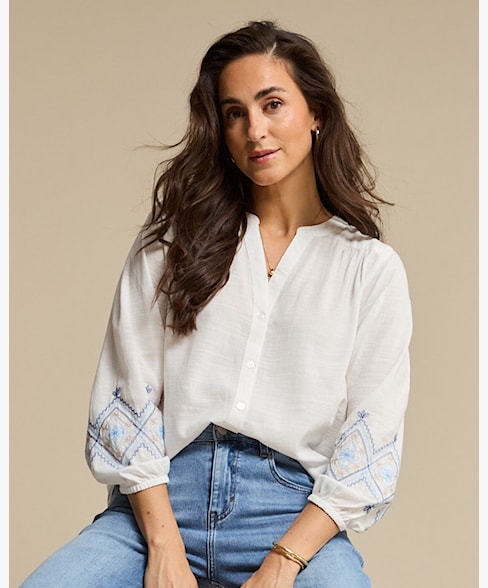 Red Button Embroidered Sleeve V-Neck Cotton Blouse