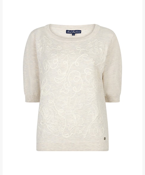 Red Button Sweet Ribbon Short Sleeve Knit Top - Cream