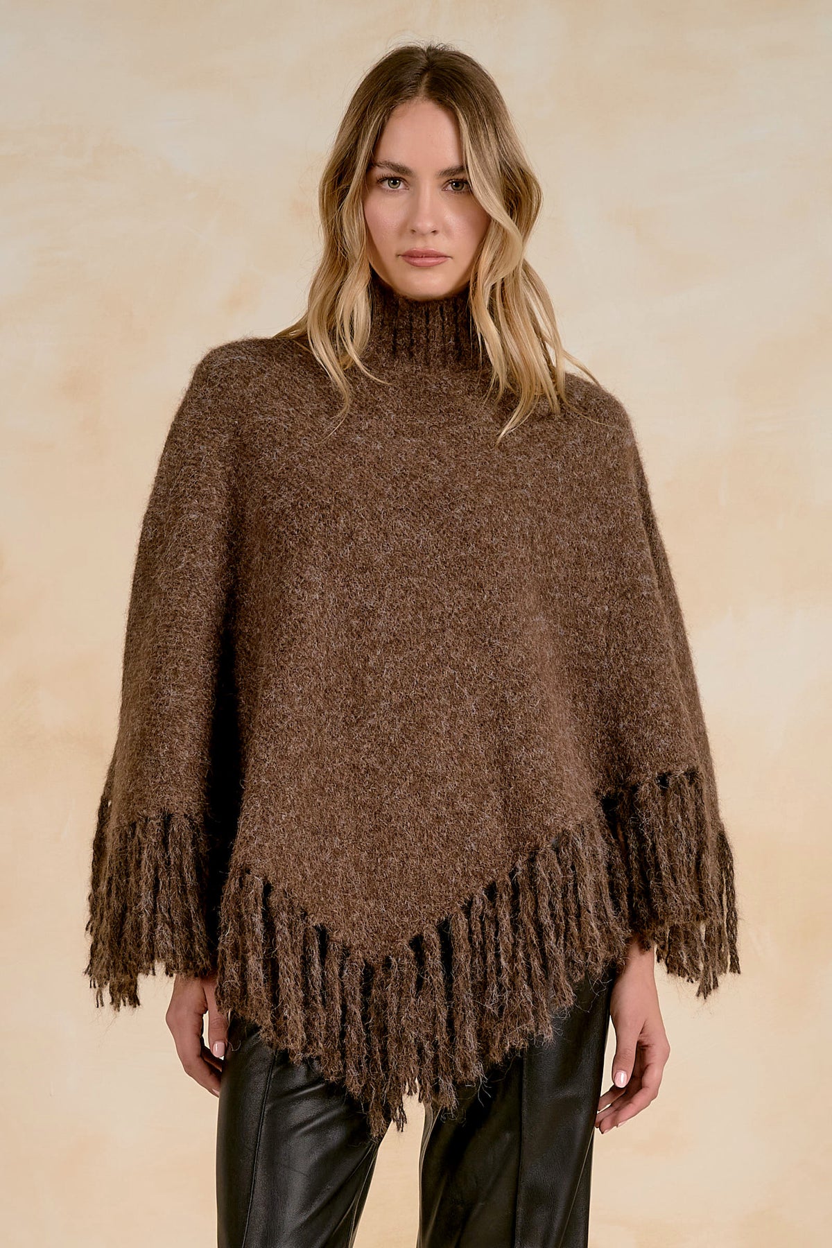 Elan Rollneck Fringe Soft Knit Poncho