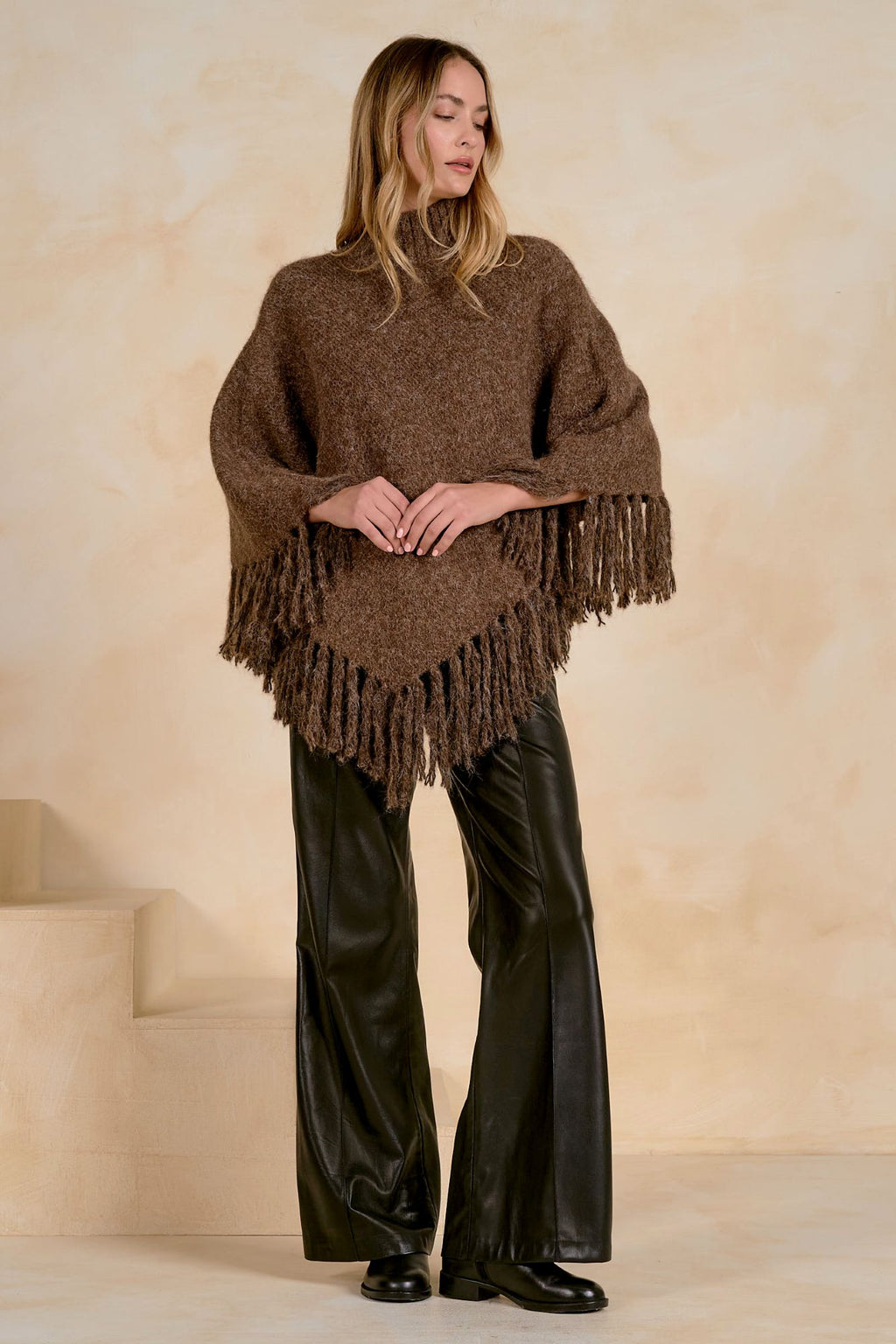 Elan Rollneck Fringe Soft Knit Poncho
