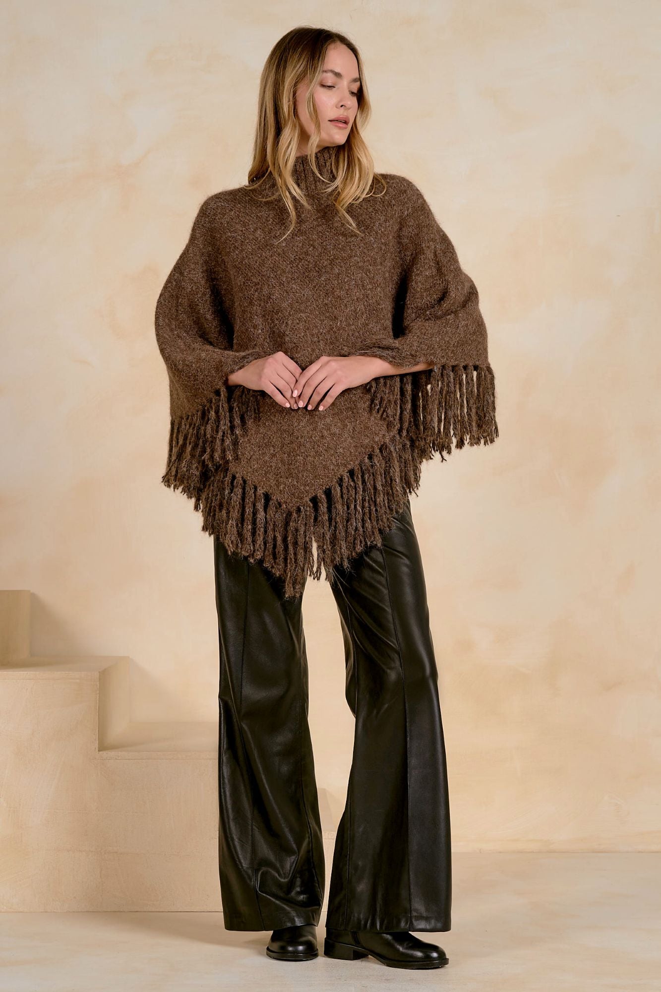 Elan Rollneck Fringe Soft Knit Poncho
