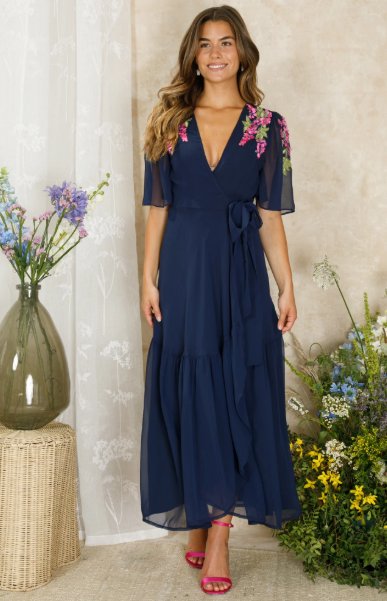 Hope & Ivy The Grace Embellished Flutter Sleeve Maxi Wrap Dress - Navy