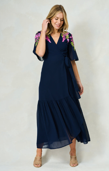 Hope & Ivy The Grace Embellished Flutter Sleeve Maxi Wrap Dress - Navy