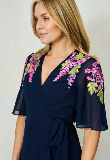 Hope & Ivy The Grace Embellished Flutter Sleeve Maxi Wrap Dress - Navy