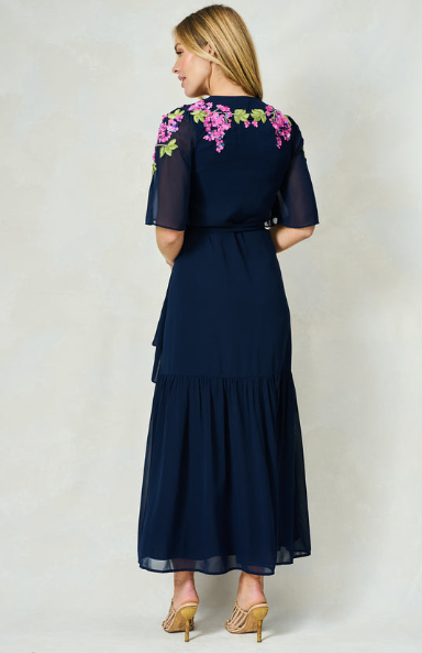 Hope & Ivy The Grace Embellished Flutter Sleeve Maxi Wrap Dress - Navy