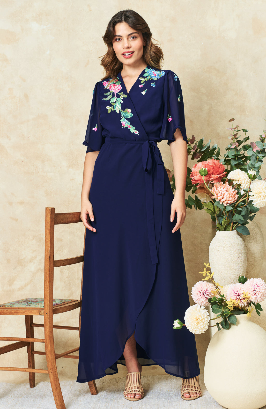 Hope & Ivy The Jillian Embellished Wrap Maxi Dress - Navy