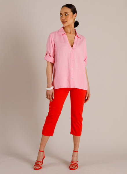 Yest Mietta Linen Blend V-Neck Shirt - Pink