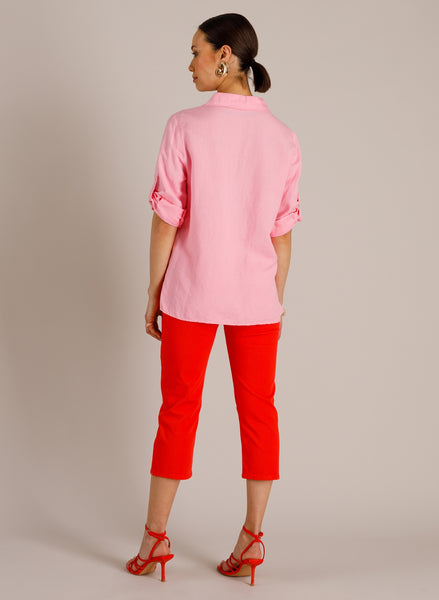 Yest Mietta Linen Blend V-Neck Shirt - Pink