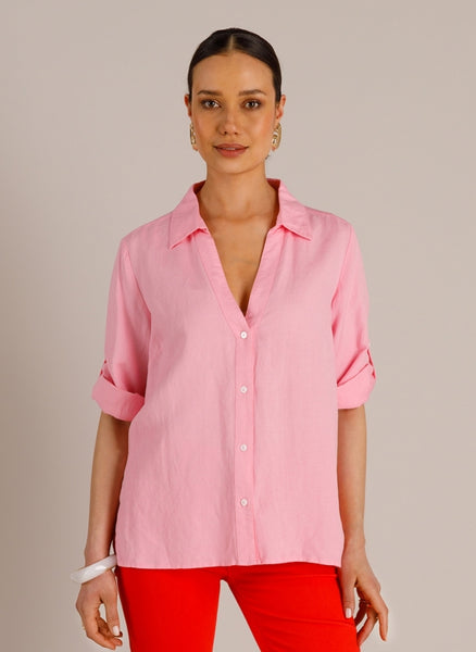 Yest Mietta Linen Blend V-Neck Shirt - Pink