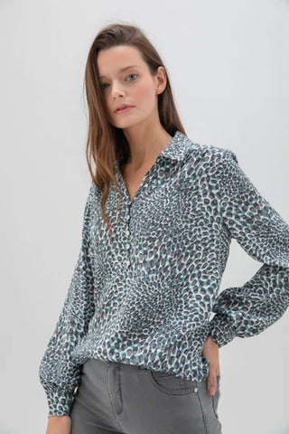 Marble Fashions Animal Print Blouse Dusty Blue