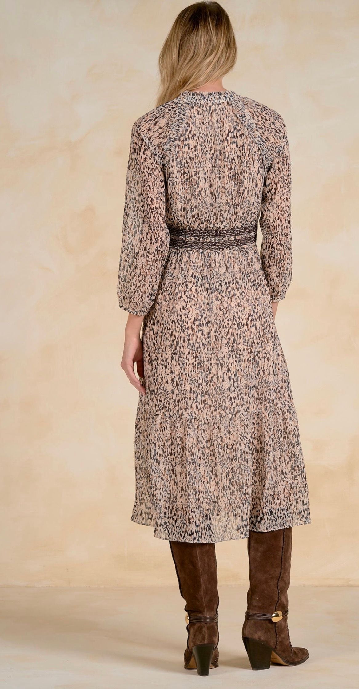 Elan Lia Boho Ruffle Animal Print Midi Dress