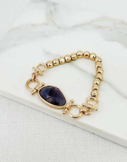 Envy Gold Bead Stretch Bracelet with Semi-Precious Stone - Gold