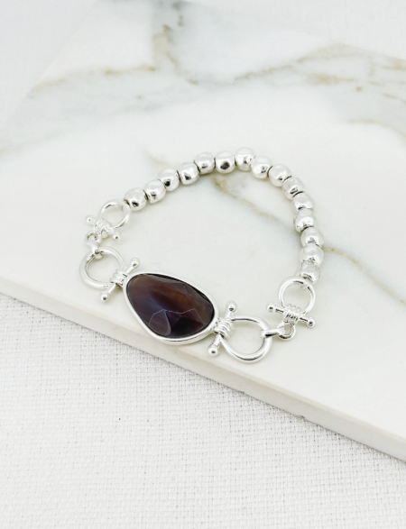 Envy Gold Bead Stretch Bracelet with Semi-Precious Stone - Silver